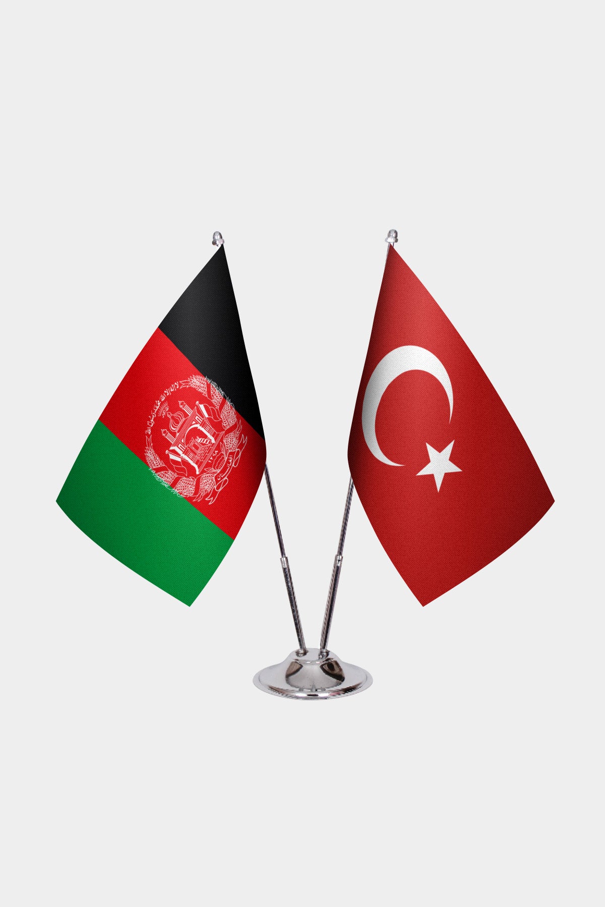 Afghanistan and Turkey desk flag set with chrome pole and base