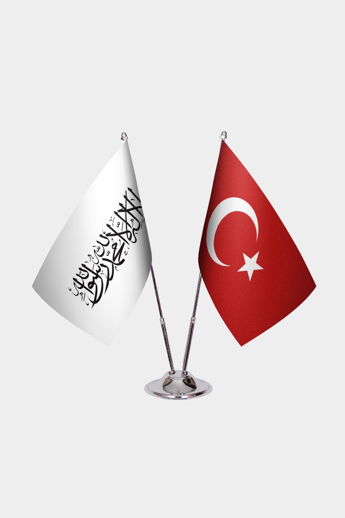 Afghanistan (New Flag) and Turkey desk flag set with chrome pole and base