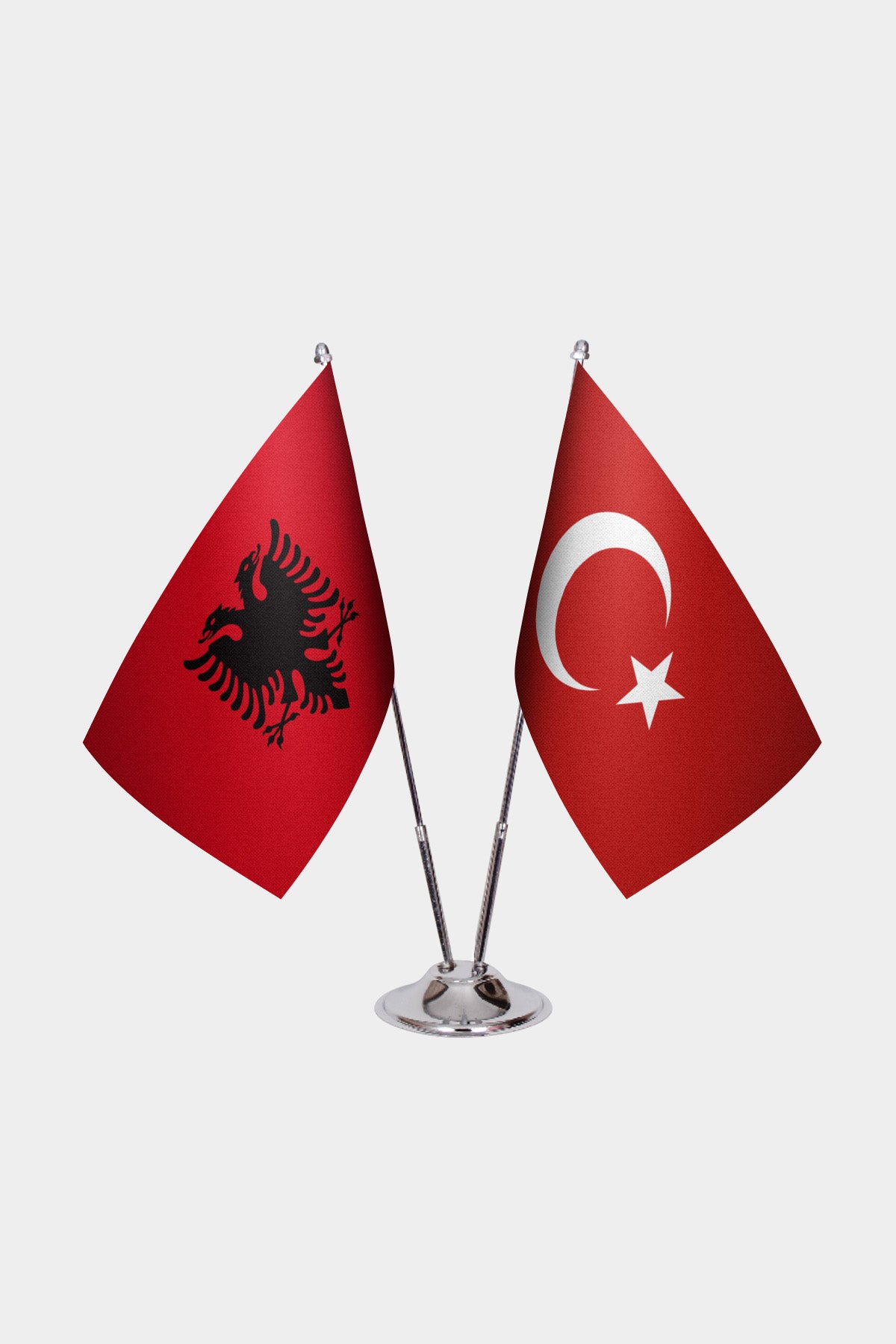 Albania and Turkey desk flag set with chrome pole and base
