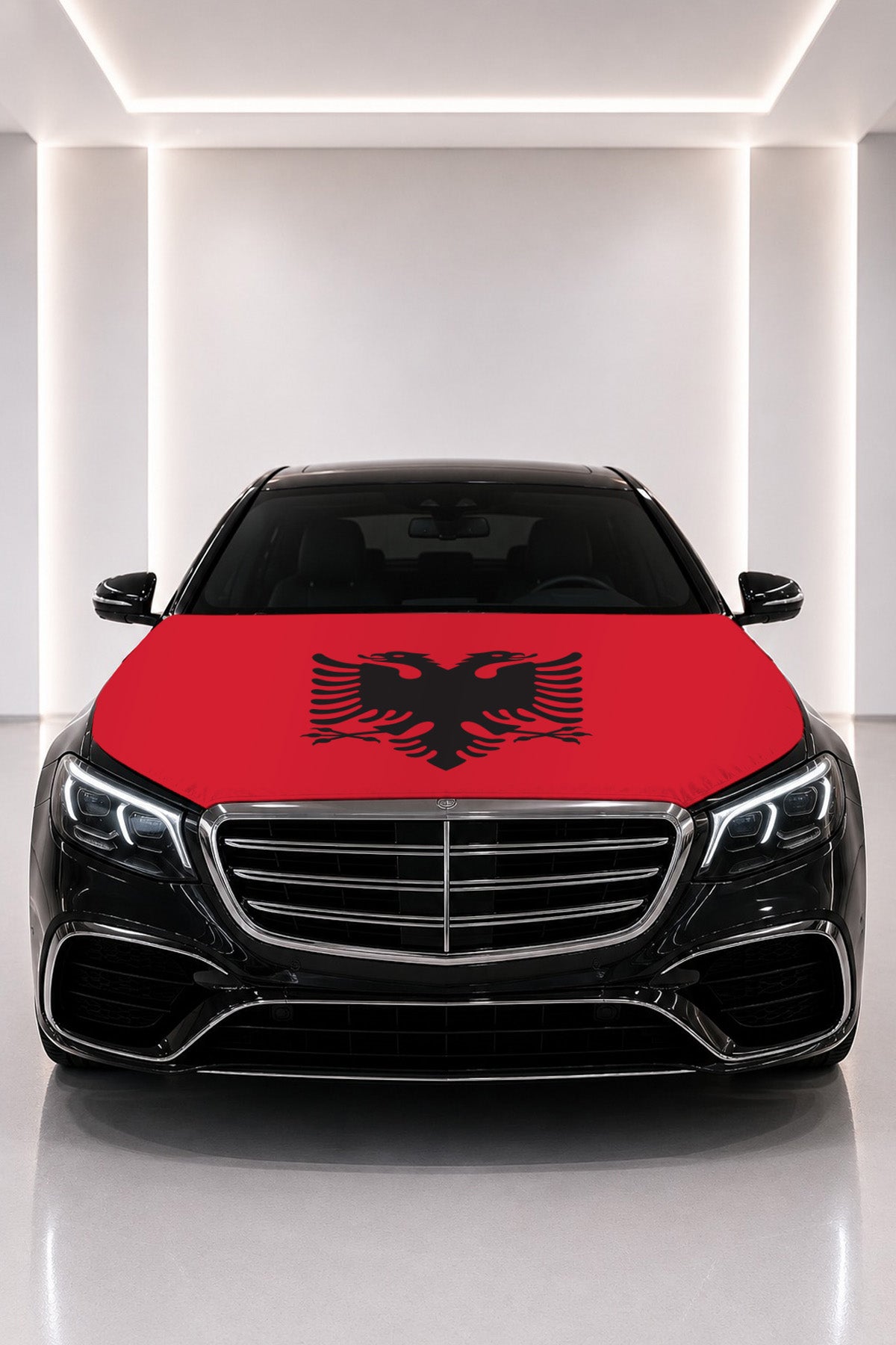 Albania flag car hood cover fitted on a black car bonnet