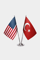 United States and Turkey desk flag set with chrome pole and base