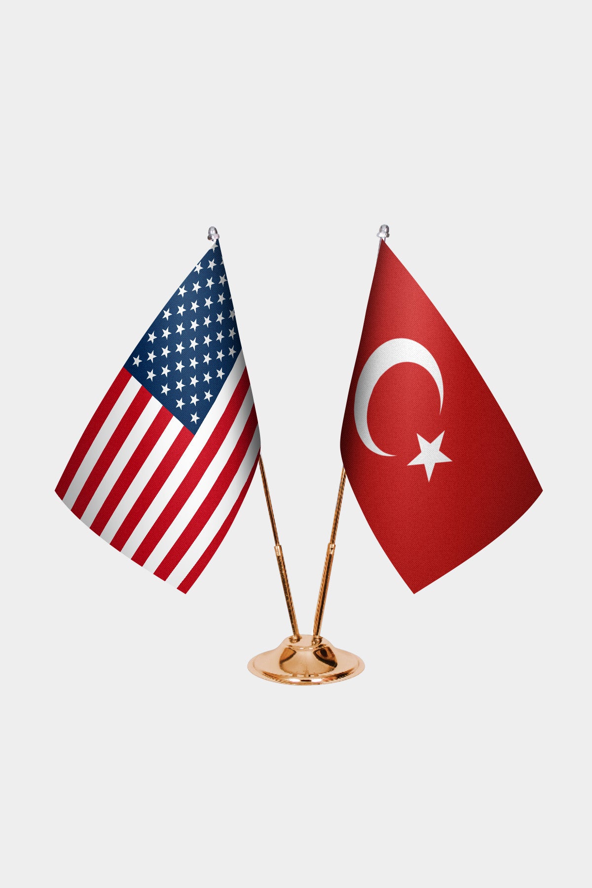 United States and Turkey desk flag set with gold pole and base