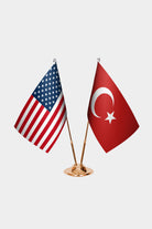 United States and Turkey desk flag set with gold pole and base