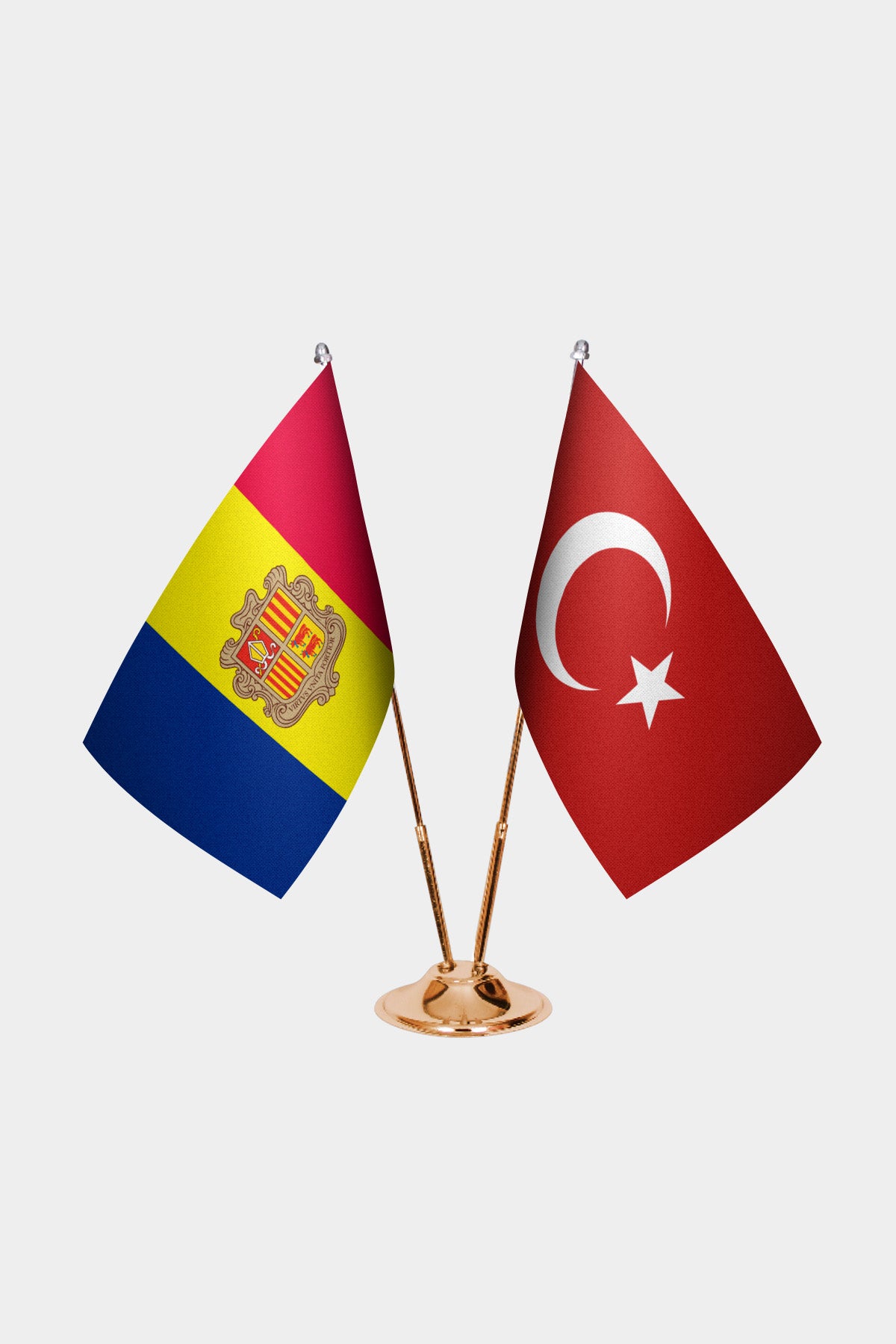 Andorra and Turkey desk flag set with gold pole and base