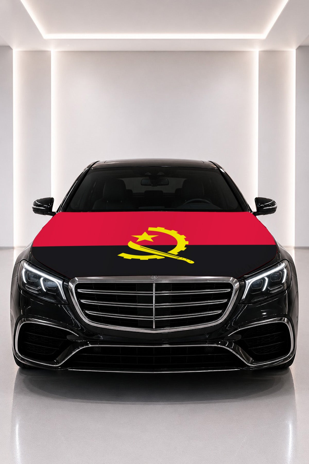 Angola flag car hood cover fitted on a black car bonnet