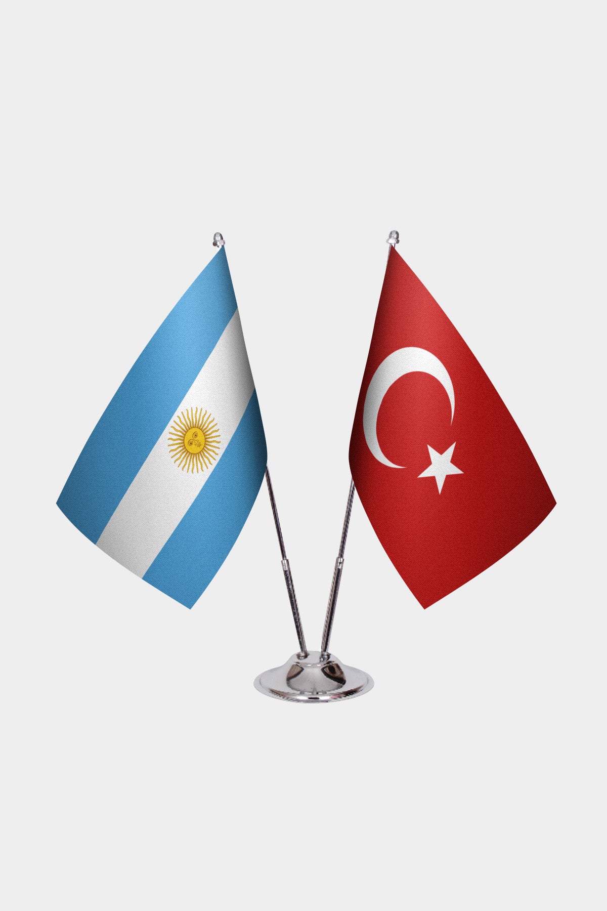 Argentina and Turkey desk flag set with chrome pole and base
