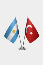 Argentina and Turkey desk flag set with chrome pole and base