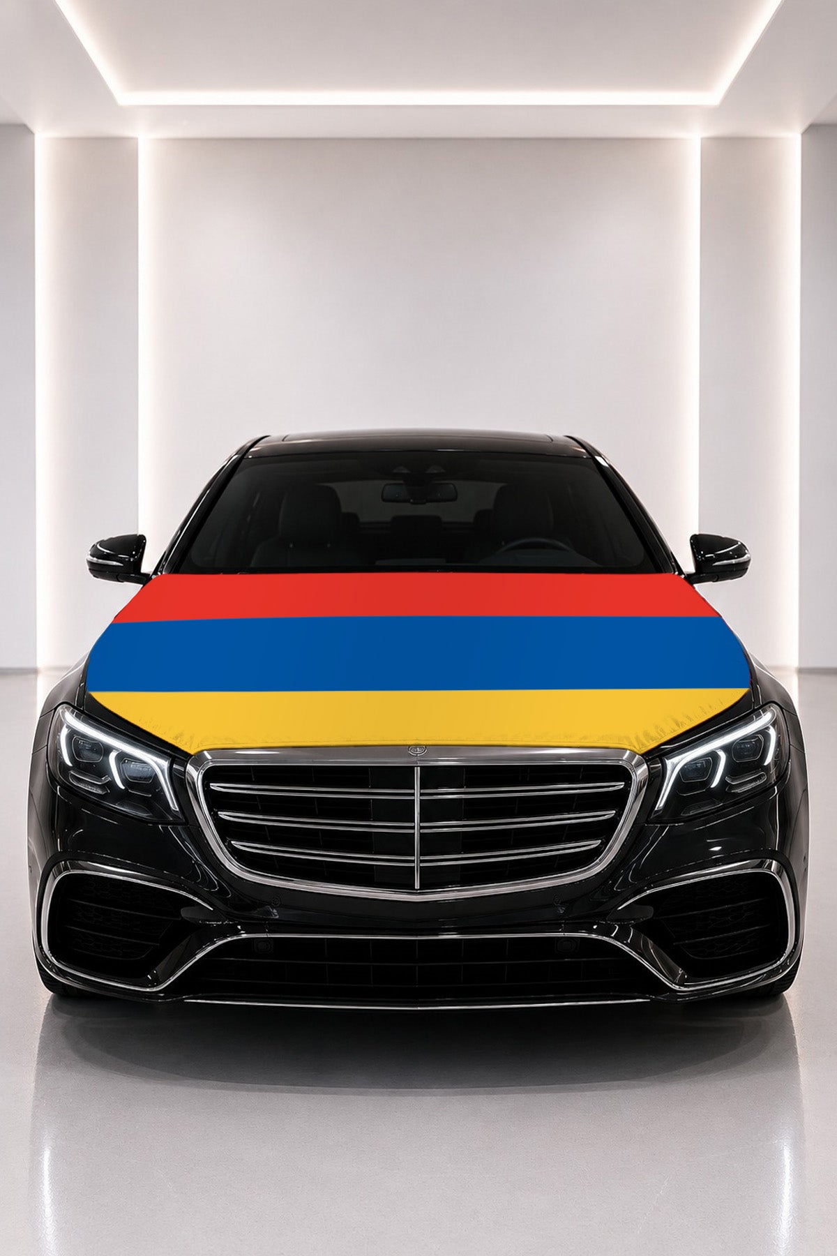 Armenia flag car hood cover fitted on a black car bonnet