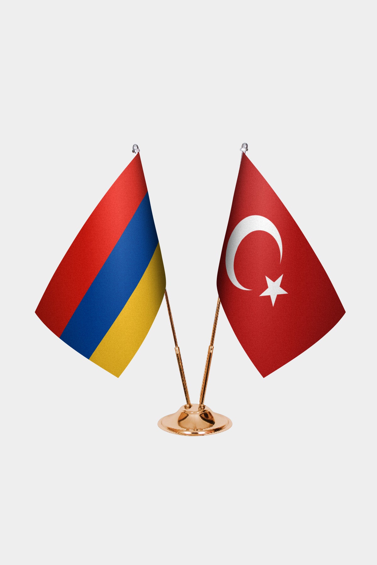 Armenia and Turkey desk flag set with gold pole and base