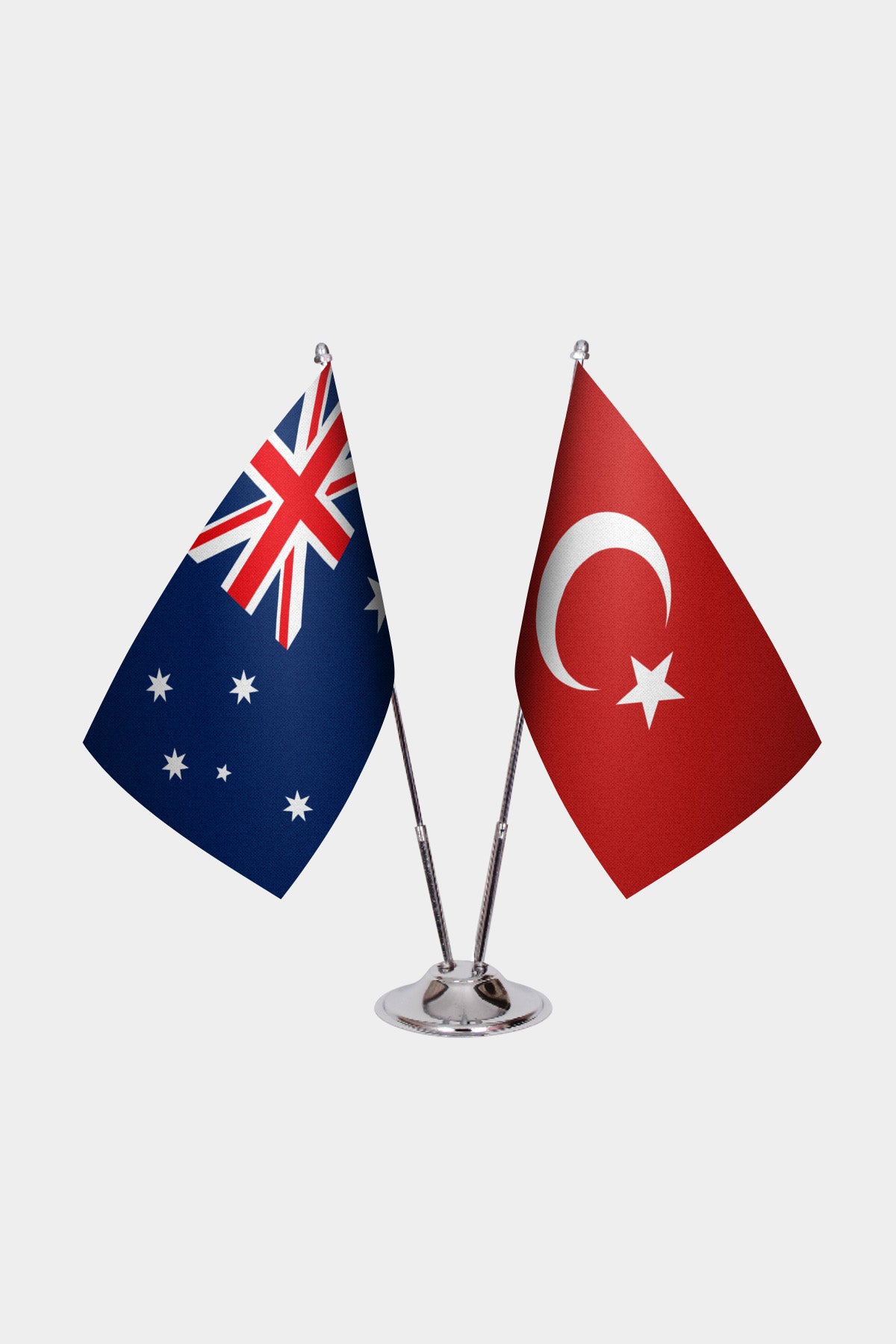 Australia and Turkey desk flag set with chrome pole and base