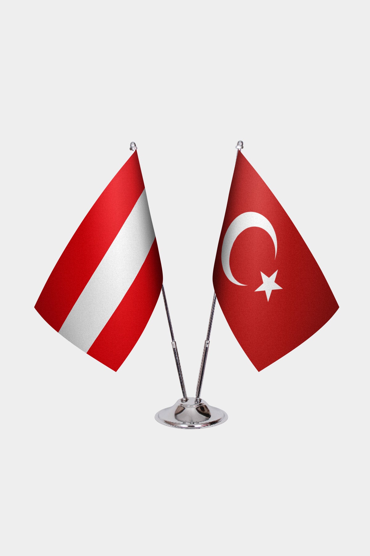 Austria and Turkey desk flag set with chrome pole and base