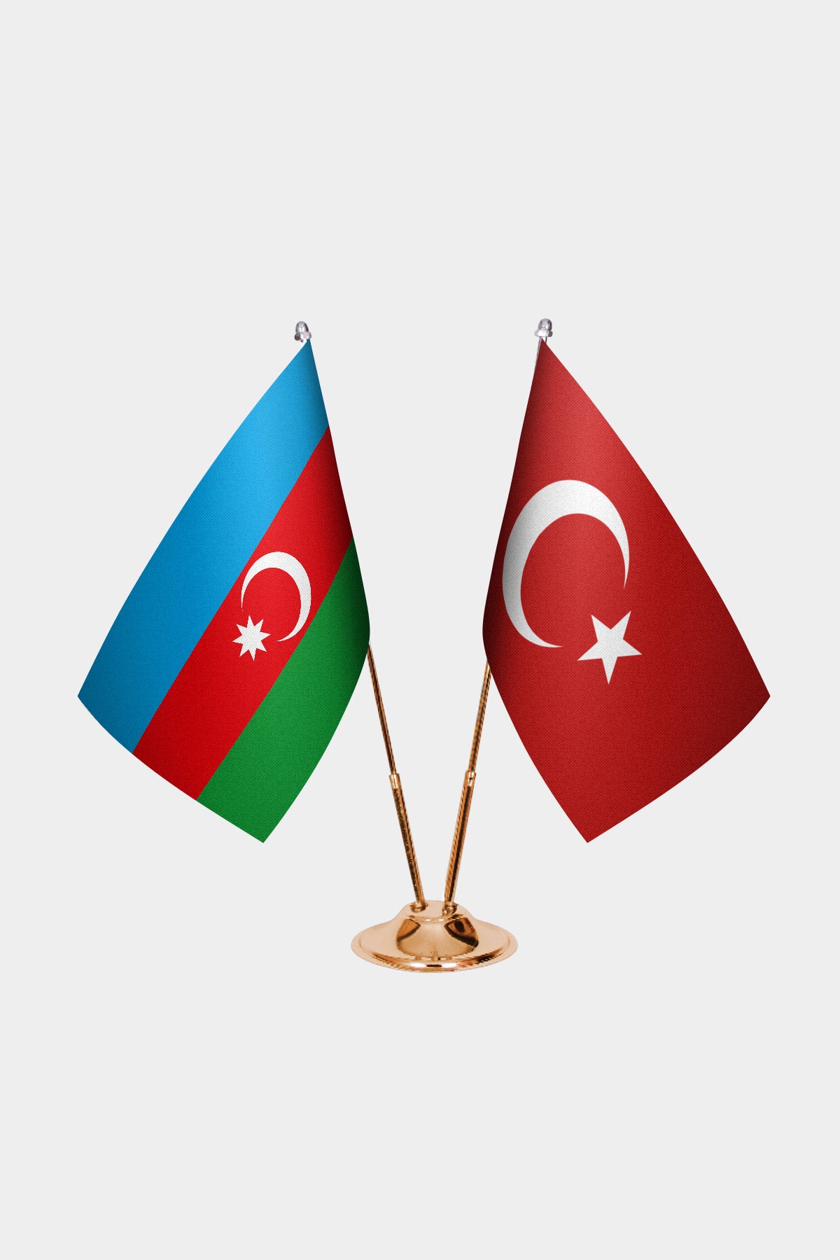 Azerbaijan and Turkey desk flag set with gold pole and base