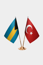 Bahamas and Turkey desk flag set with gold pole and base