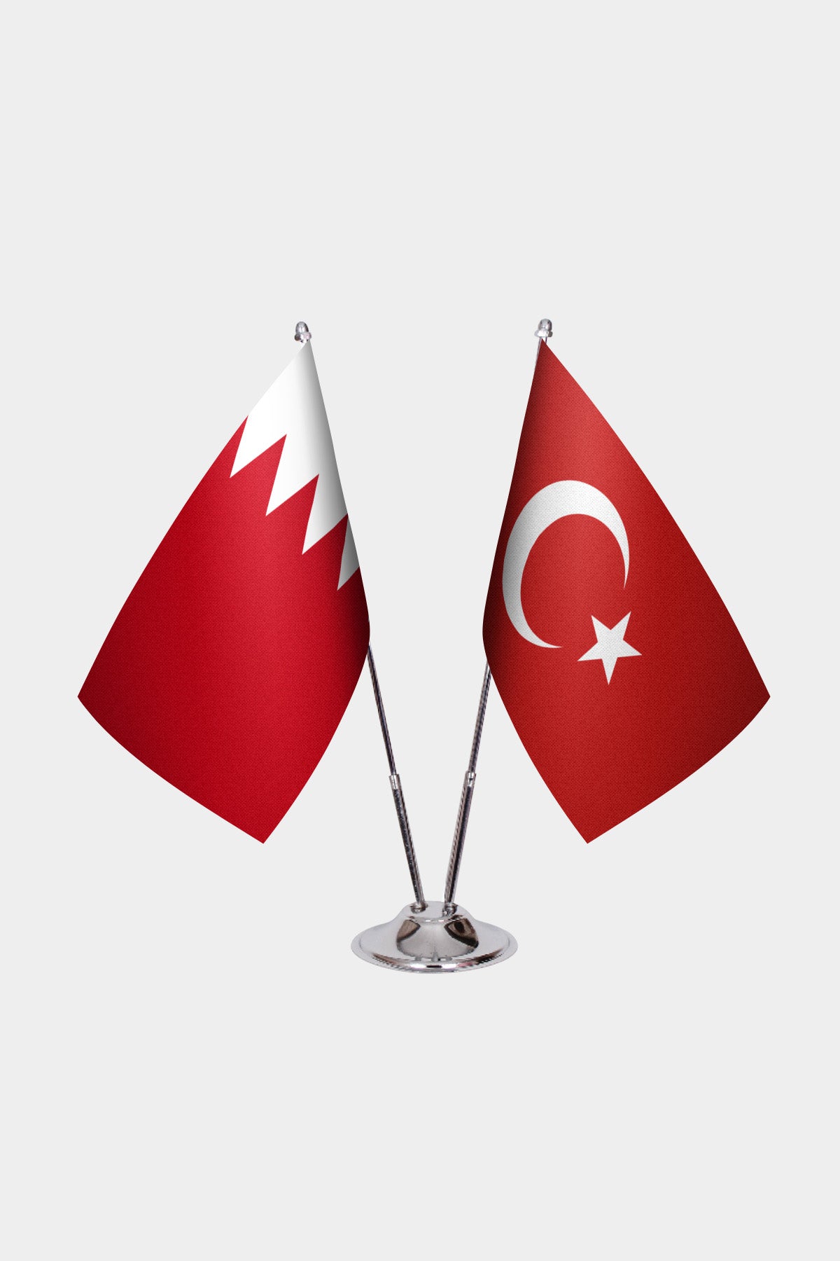 Bahrain and Turkey desk flag set with chrome pole and base