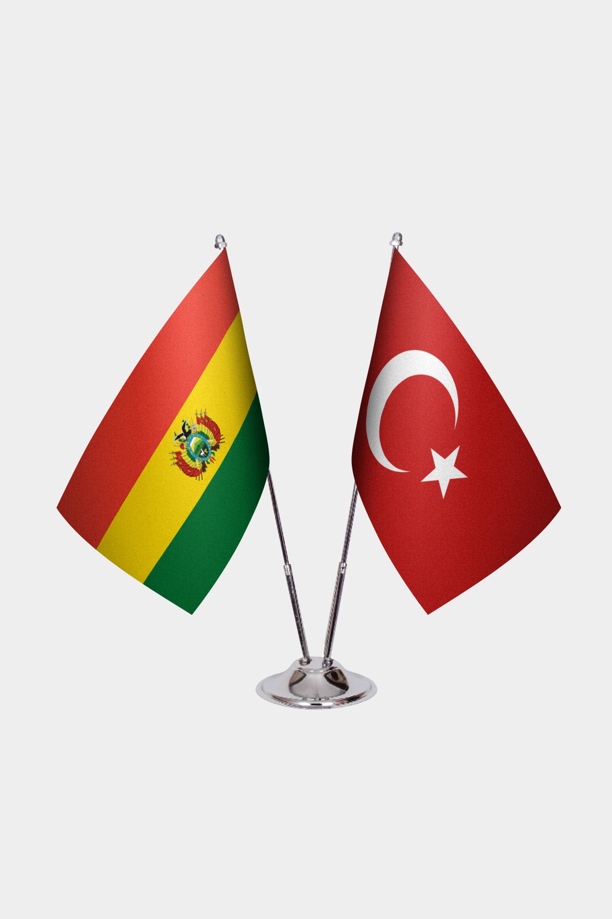Bolivia and Turkey desk flag set with chrome pole and base