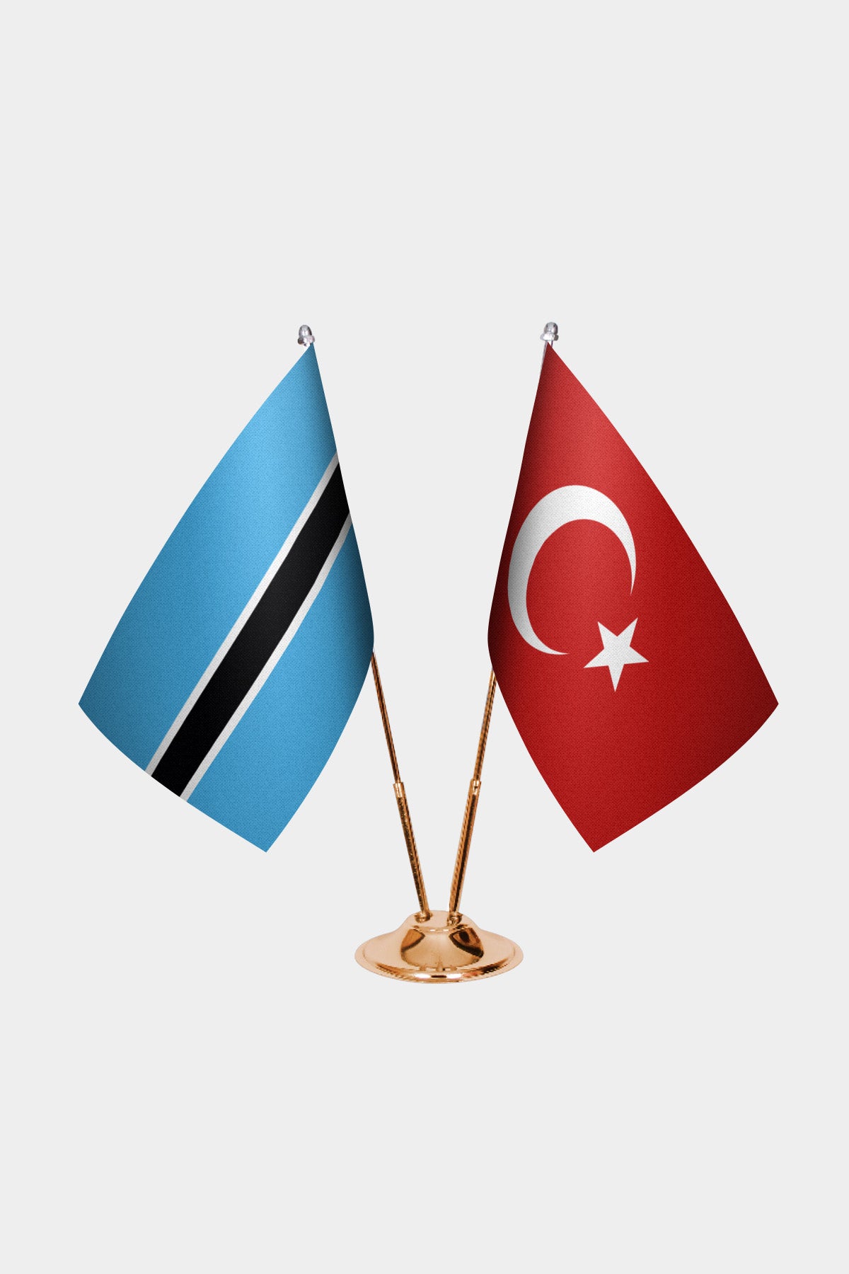 Botswana and Turkey desk flag set with gold pole and base