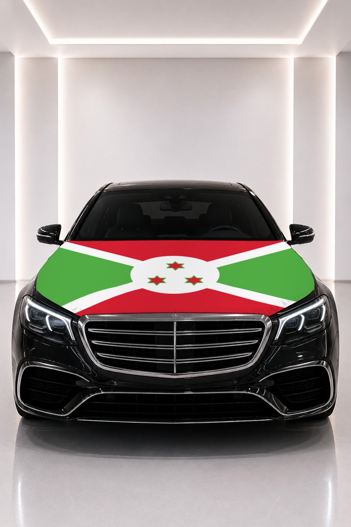 Burundi bayraklı kaput bayrağı — siyah aracın kaputunda