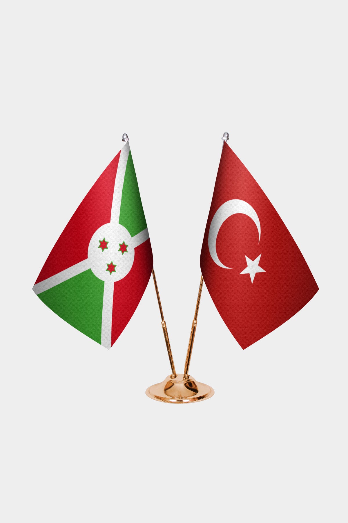 Burundi and Turkey desk flag set with gold pole and base