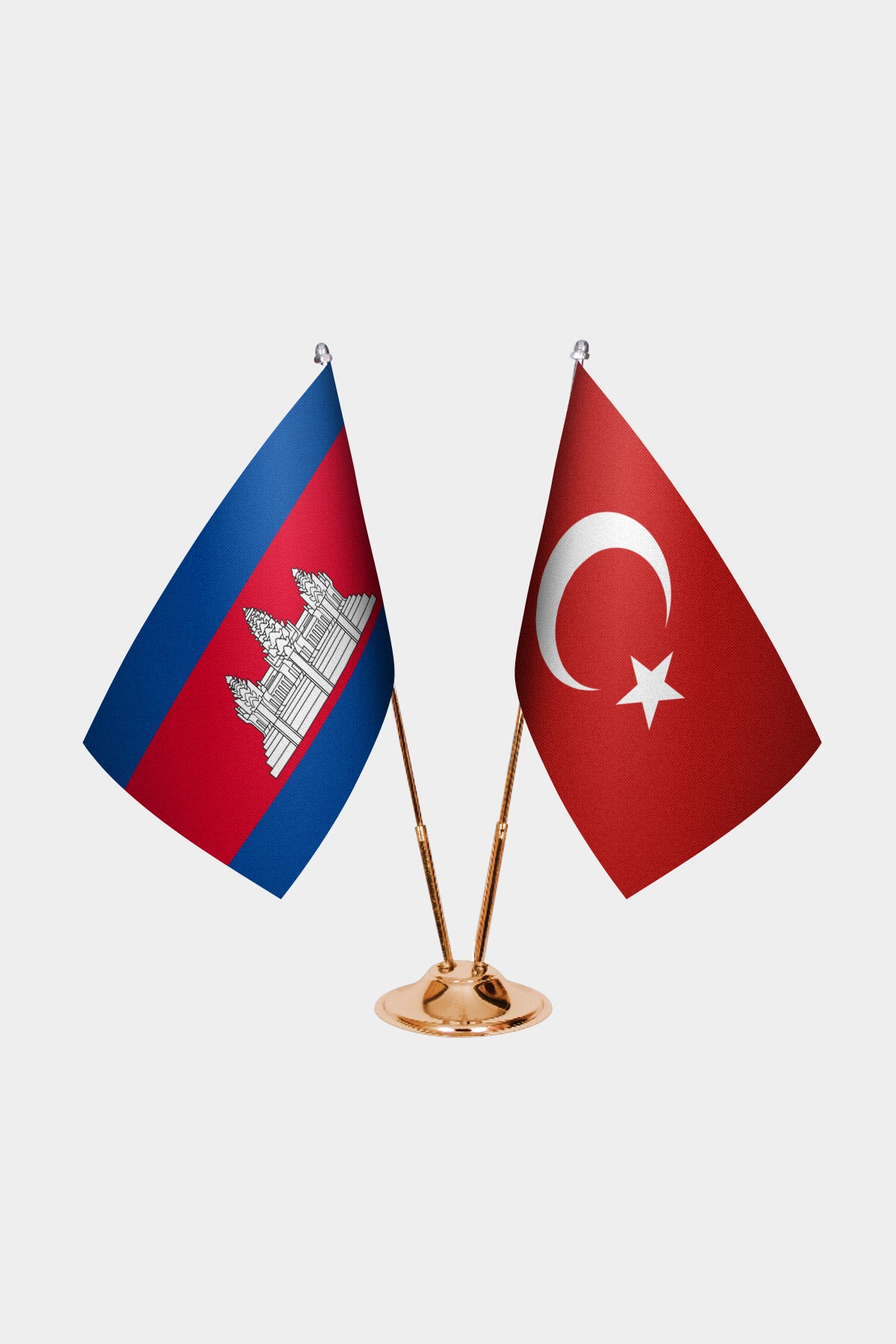 Cambodia and Turkey desk flag set with gold pole and base