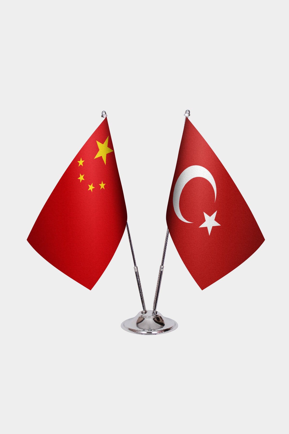 China and Turkey desk flag set with chrome pole and base