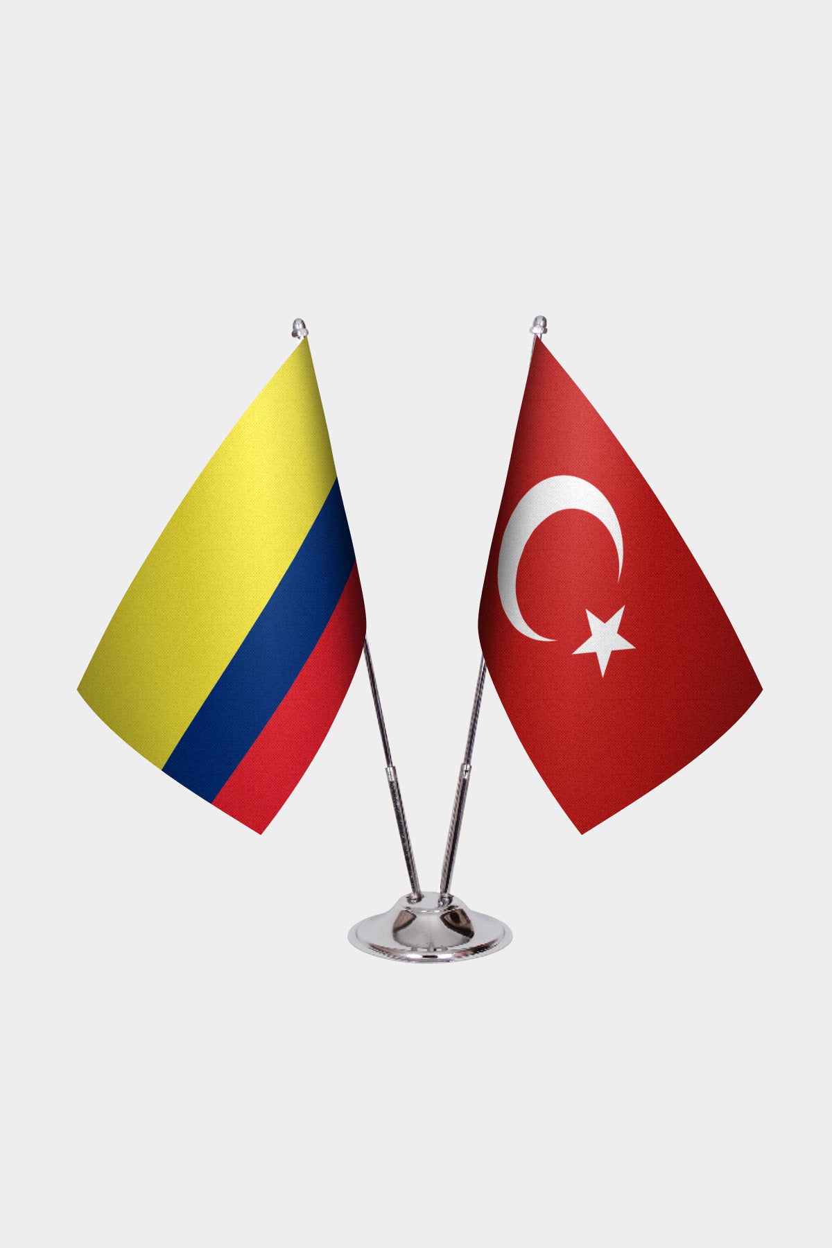 Colombia and Turkey desk flag set with chrome pole and base