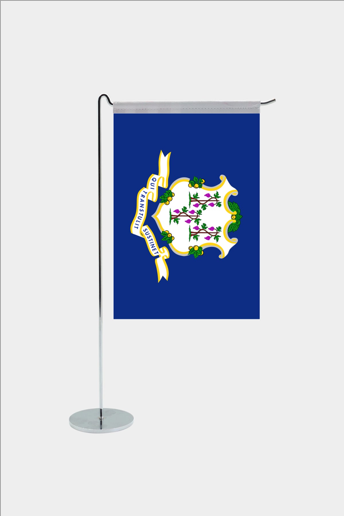Connecticut state desk flag with chrome L-shaped stand - premium double-layer satin office flag