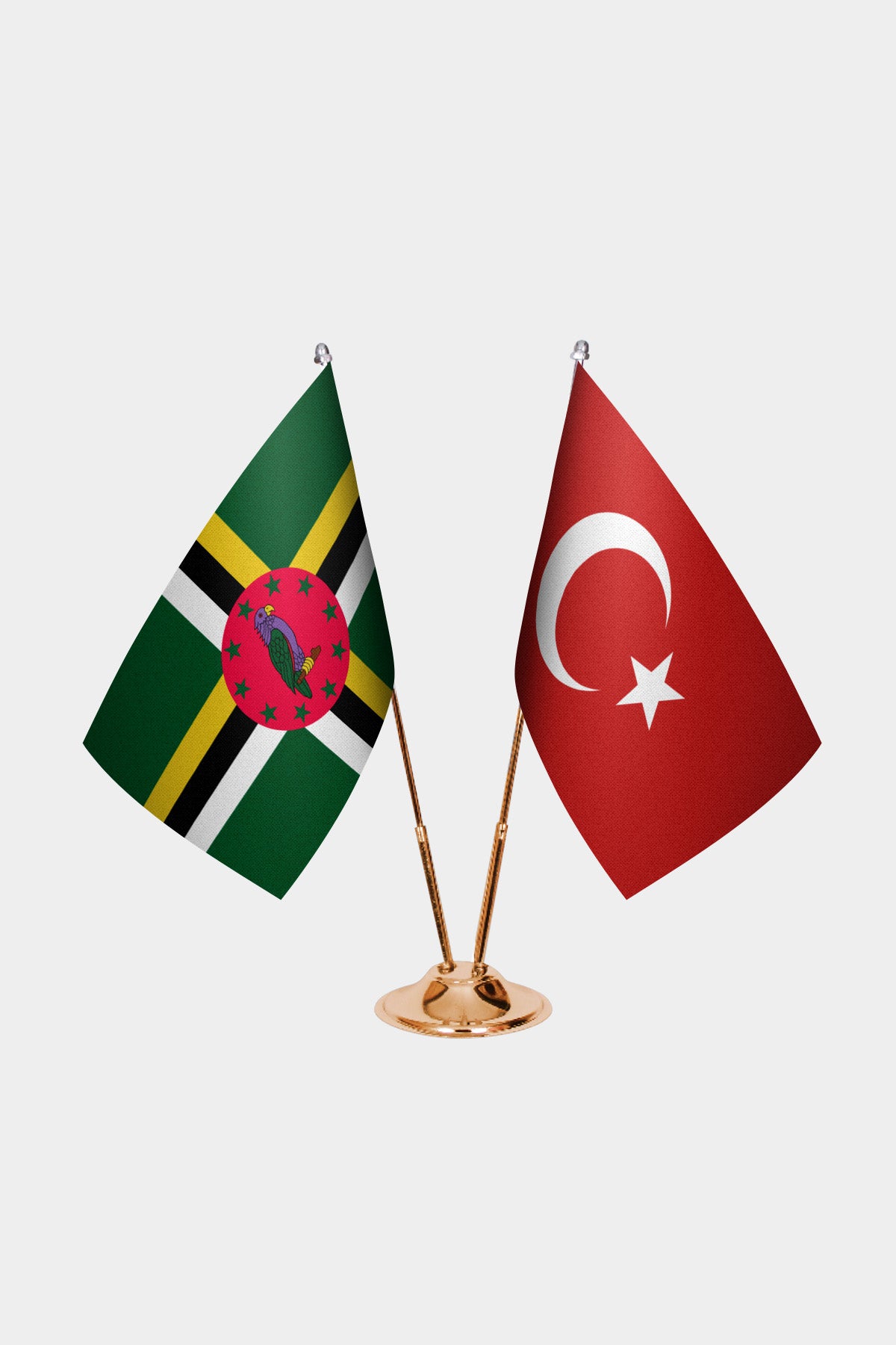 Dominica and Turkey desk flag set with gold pole and base