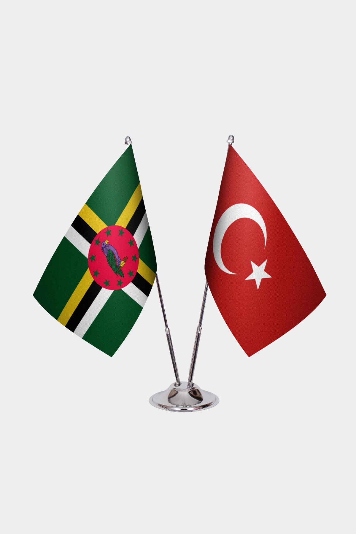 Dominica and Turkey desk flag set with chrome pole and base