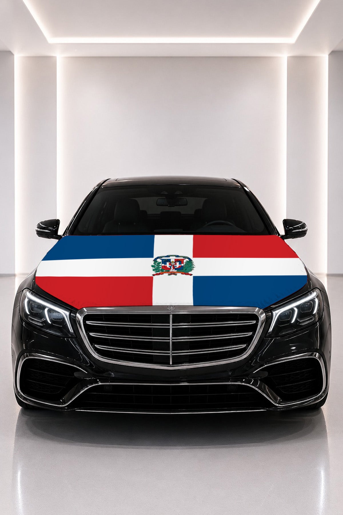 Dominican Republic flag car hood cover fitted on a black car bonnet