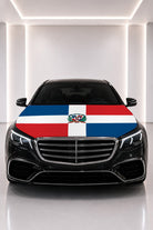 Dominican Republic flag car hood cover fitted on a black car bonnet