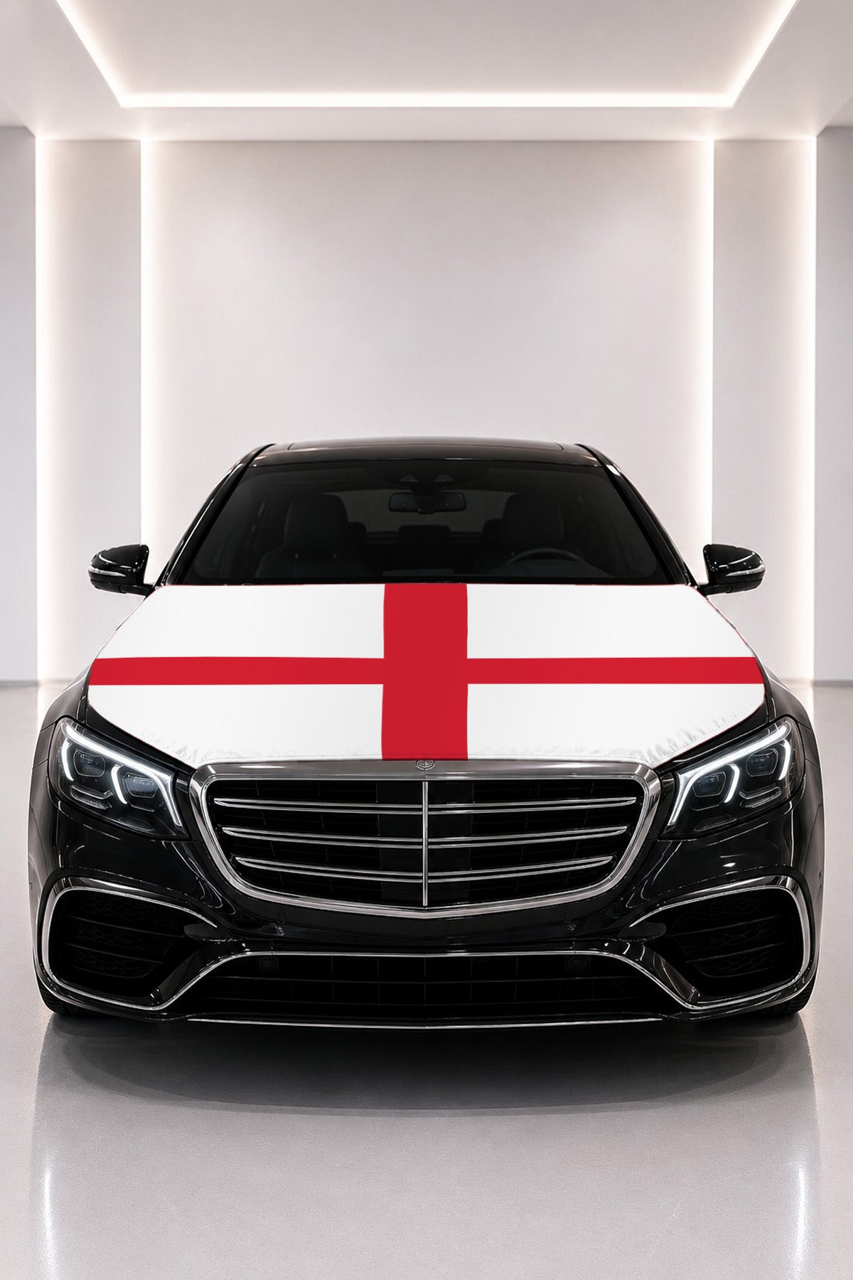 England flag car hood cover fitted on a black car bonnet