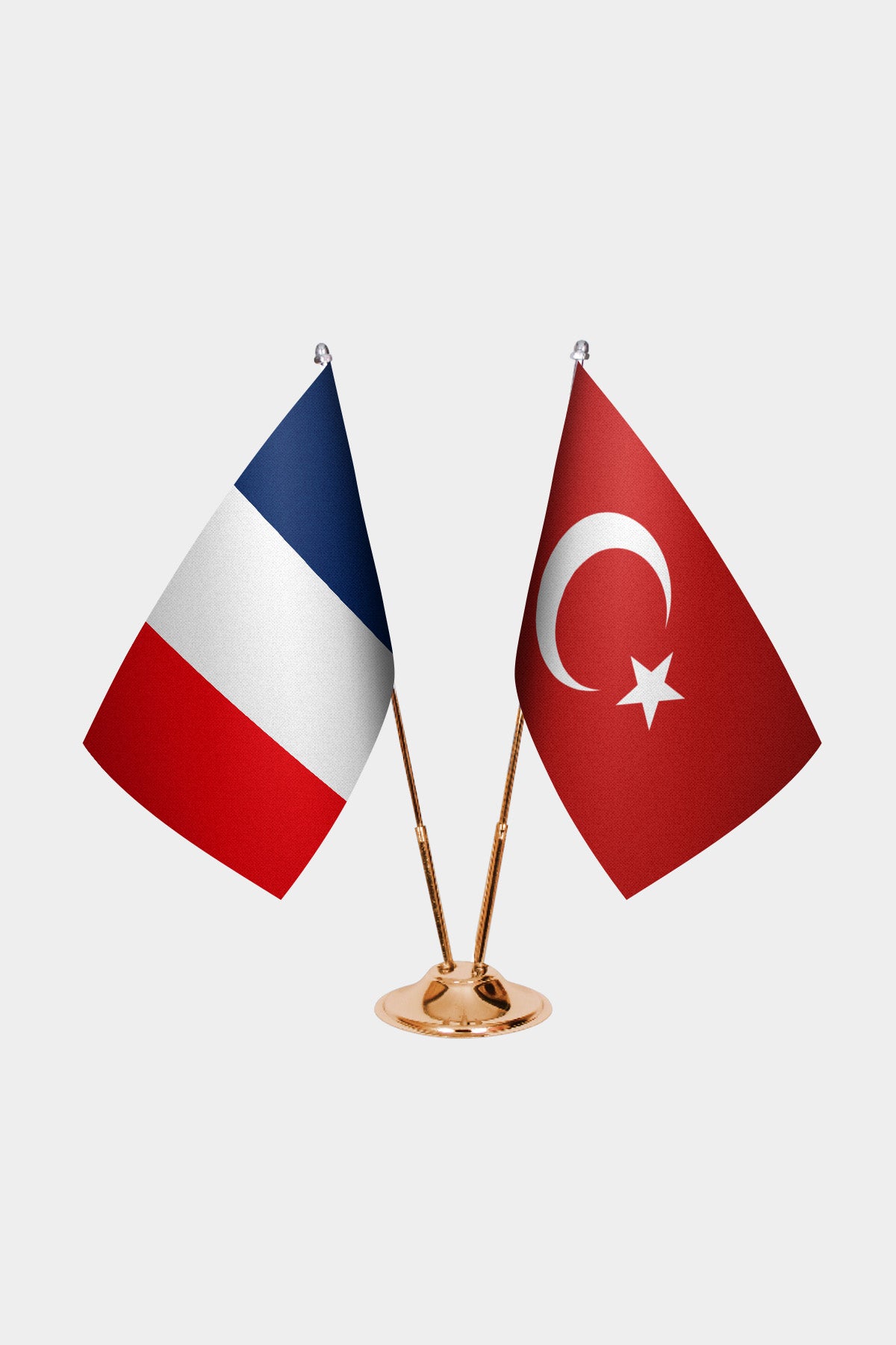 France and Turkey desk flag set with gold pole and base