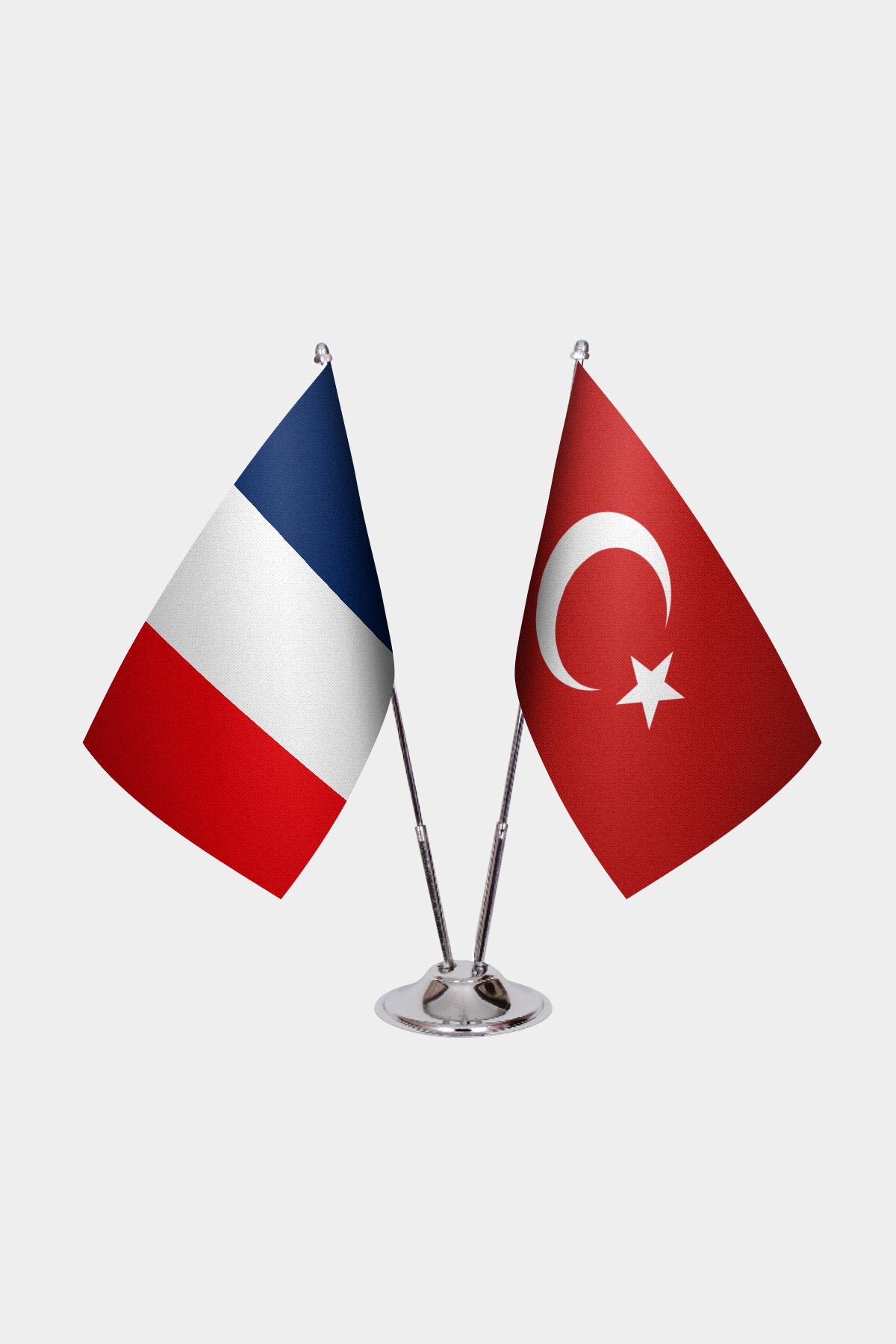 France and Turkey desk flag set with chrome pole and weighted base