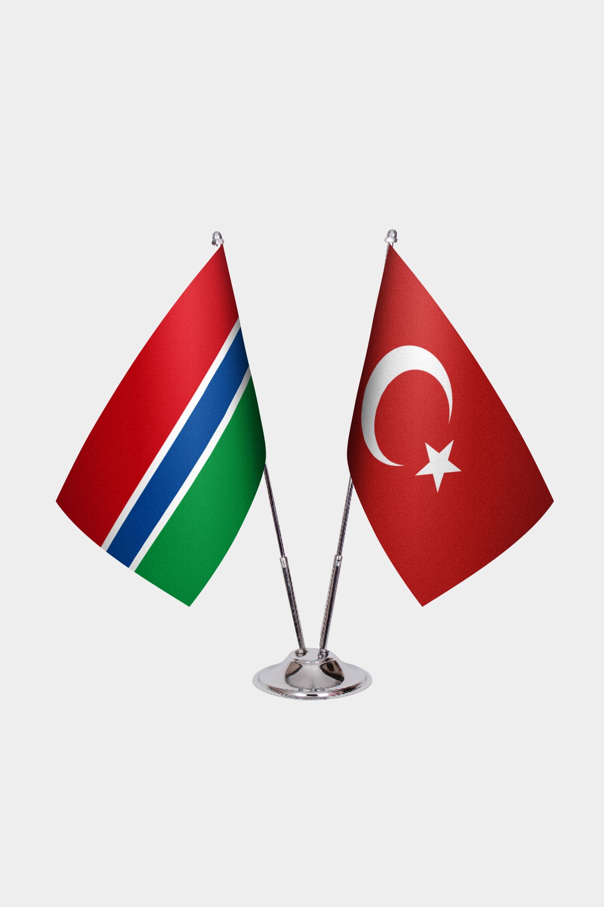 Gambia and Turkey desk flag set with chrome pole and base