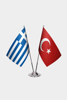 Greece and Turkey desk flag set with chrome pole and base