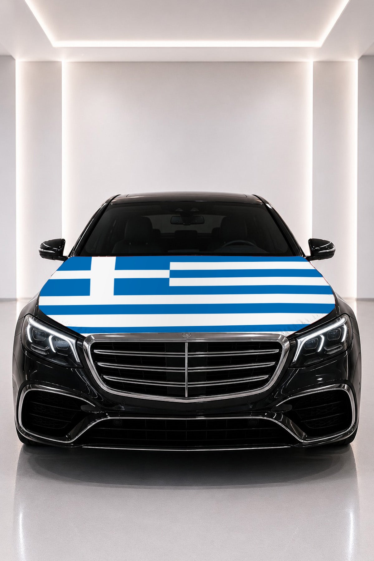 Greece flag car hood cover fitted on a black car bonnet