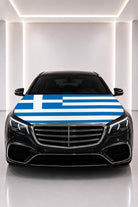 Greece flag car hood cover fitted on a black car bonnet