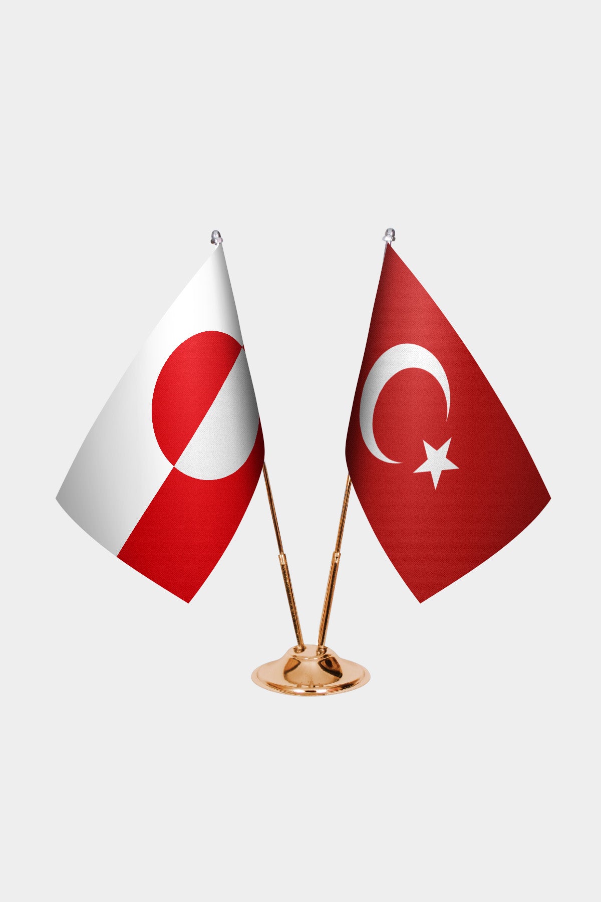 Greenland and Turkey desk flag set with gold pole and base