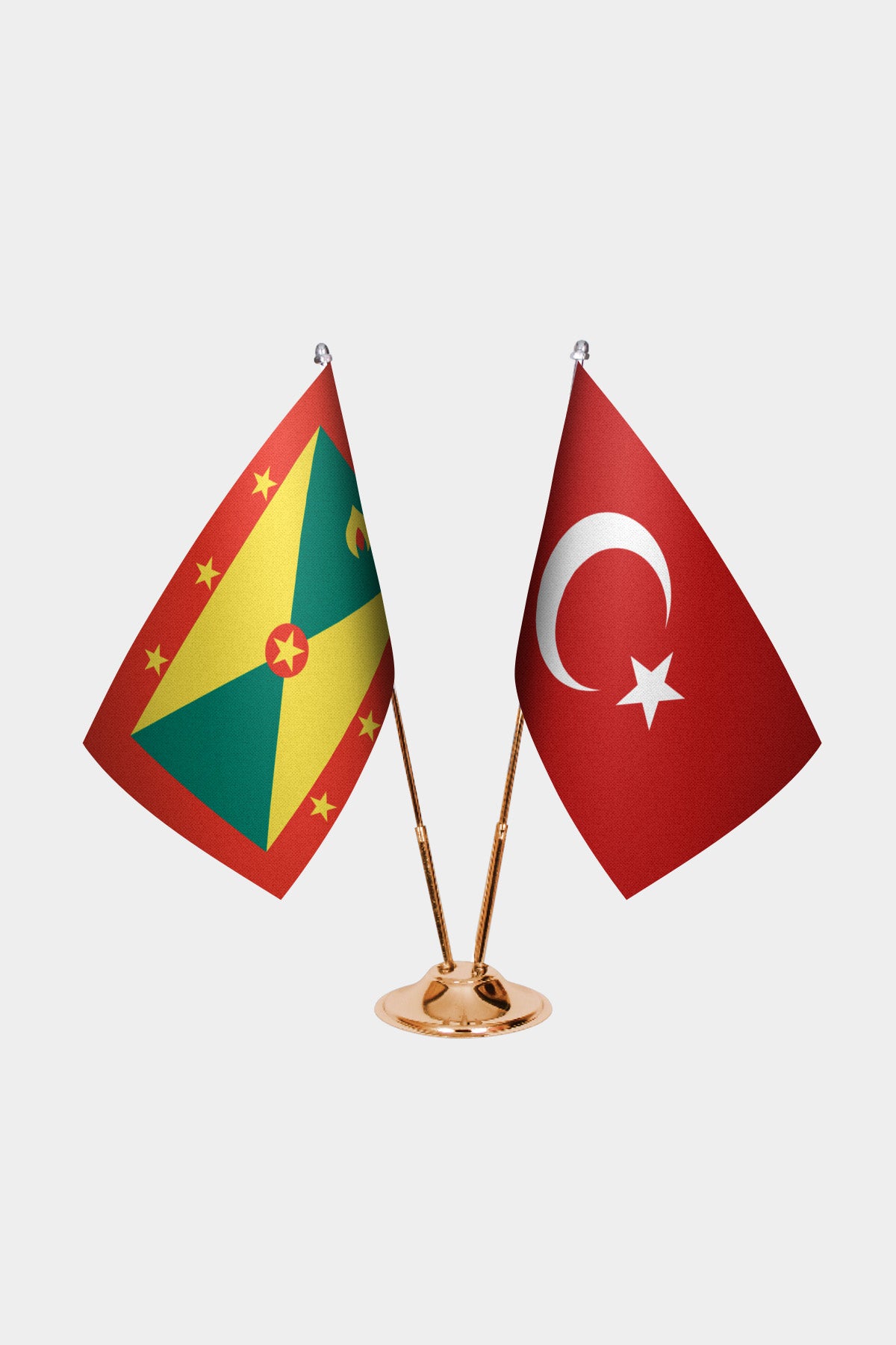 Grenada and Turkey desk flag set with gold pole and base