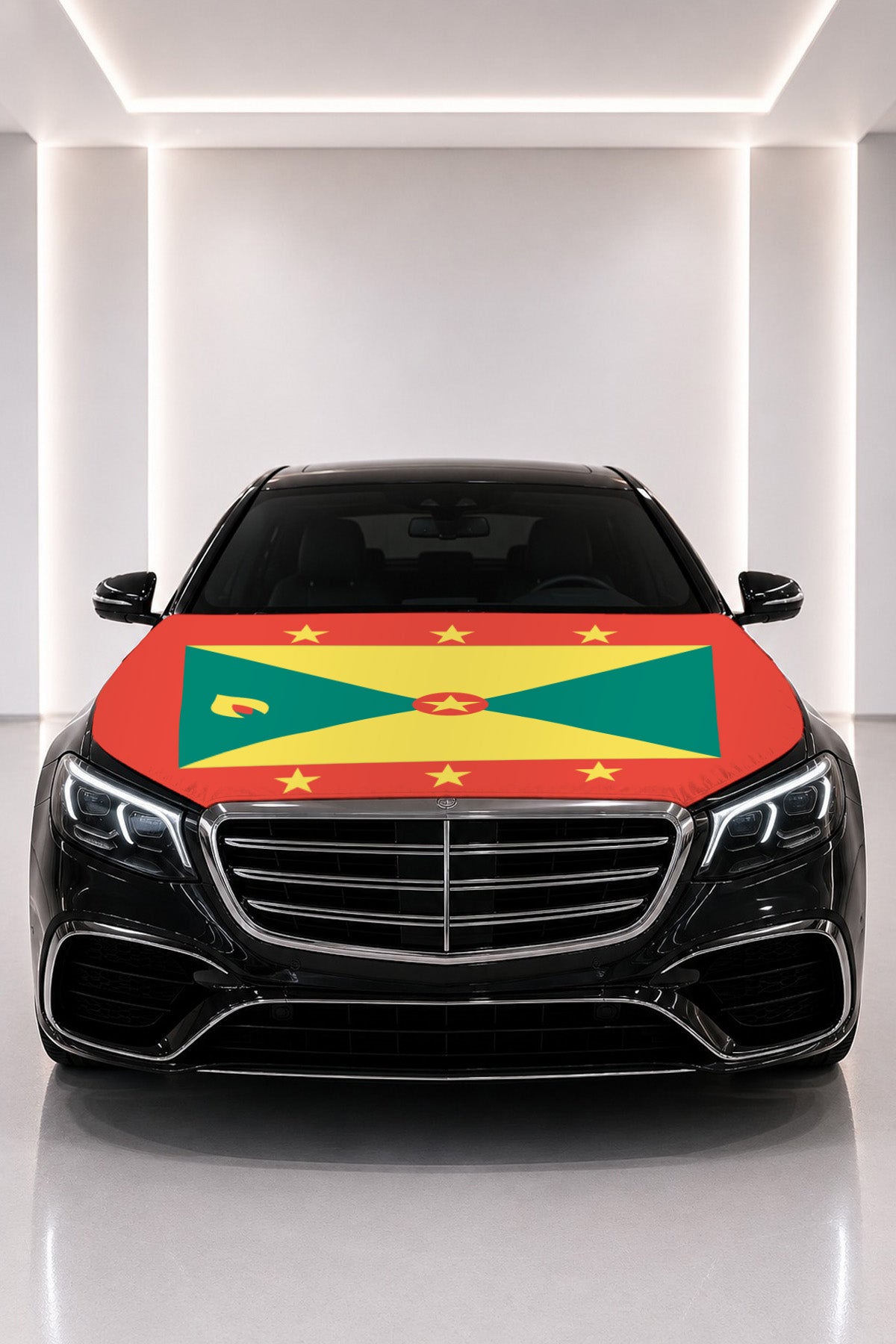 Grenada flag car hood cover fitted on a black car bonnet