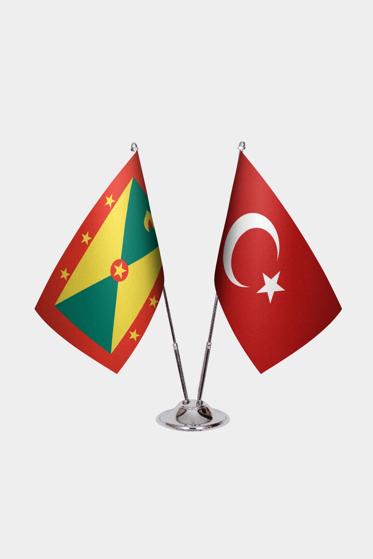 Grenada and Turkey desk flag set with chrome pole and base