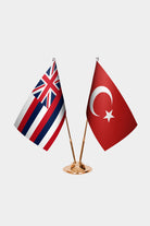 Hawaii and Turkey desk flag set with gold pole and base