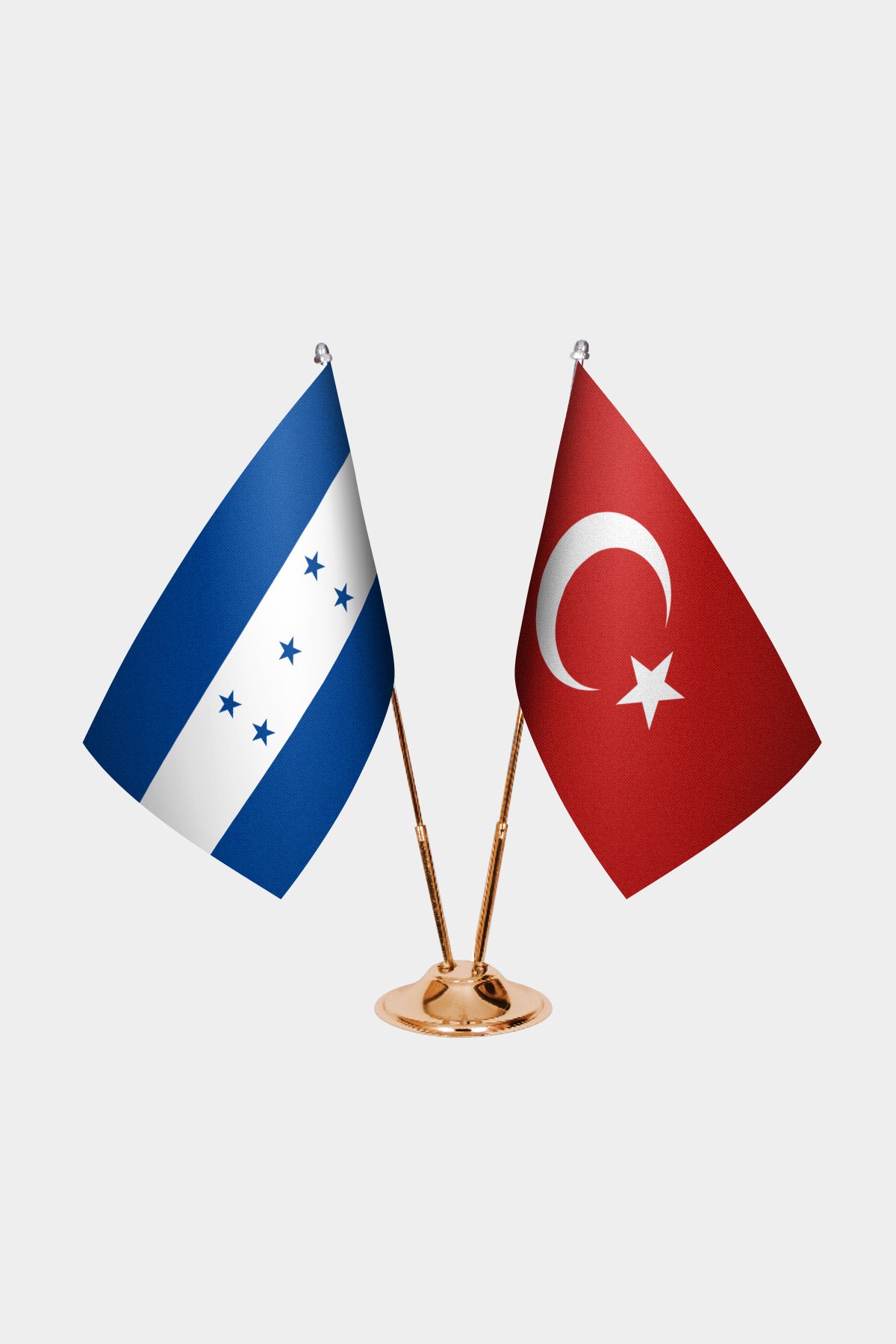 Honduras and Turkey desk flag set with gold pole and base