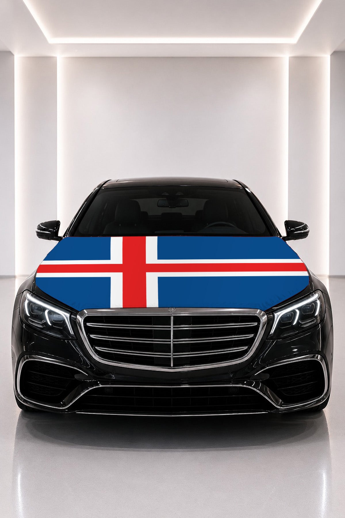 Iceland flag car hood cover fitted on a black car bonnet