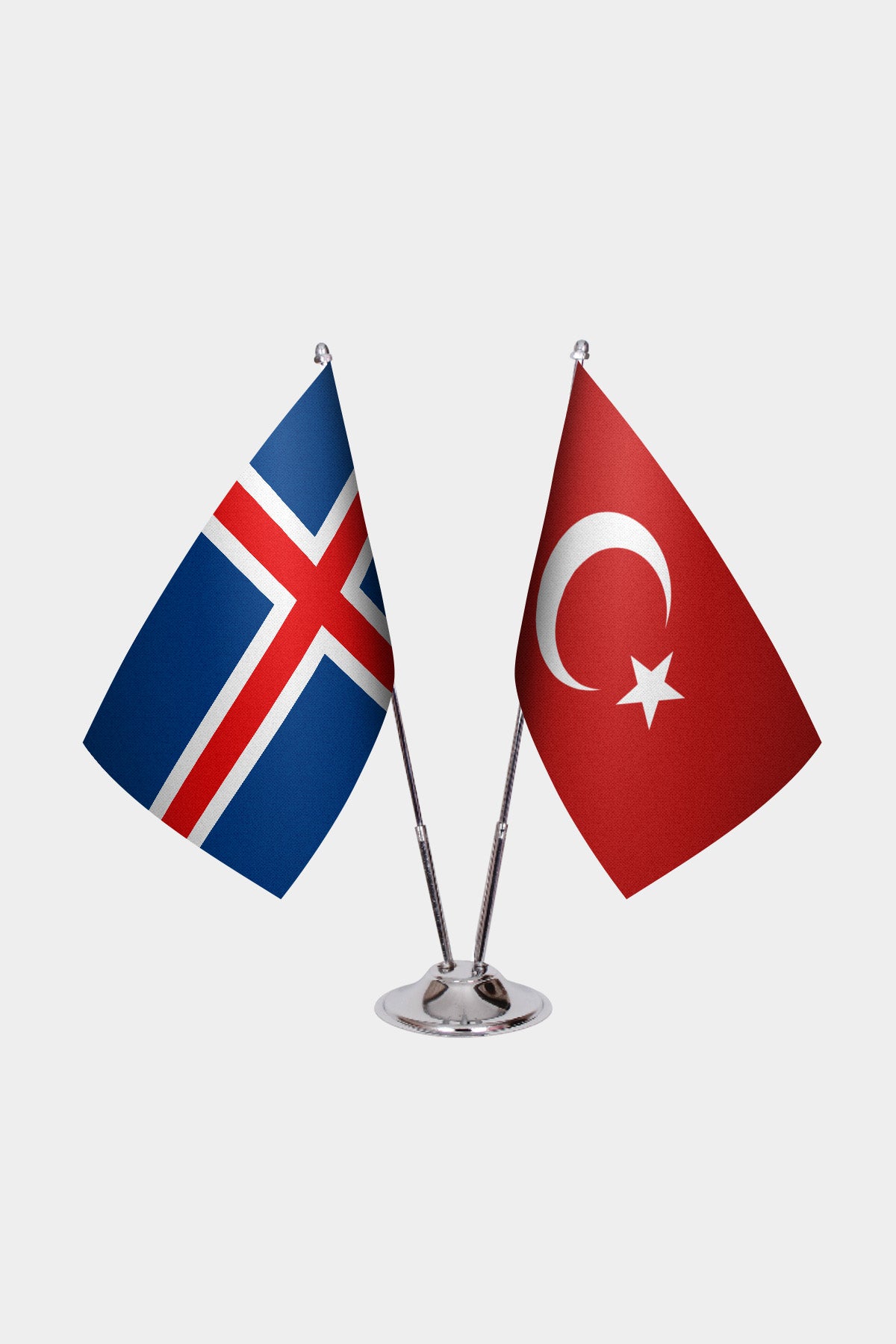 Iceland and Turkey desk flag set with chrome pole and base