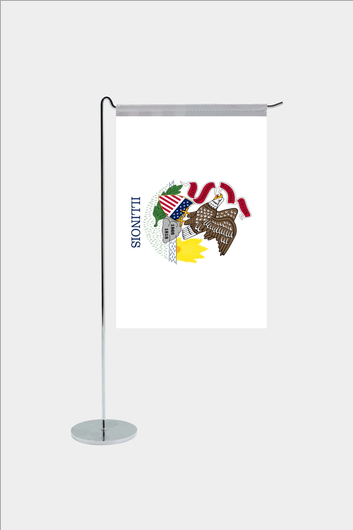 Illinois state desk flag with chrome L-shaped stand - premium double-layer satin office flag