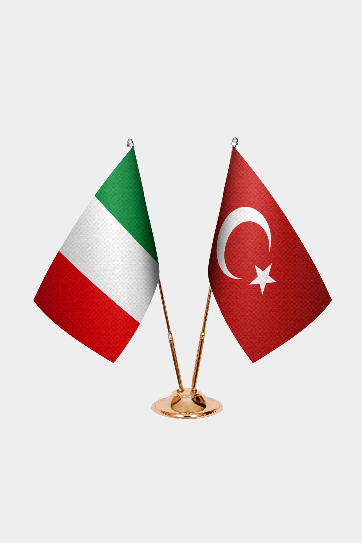Italy and Turkey desk flag set with gold pole and base