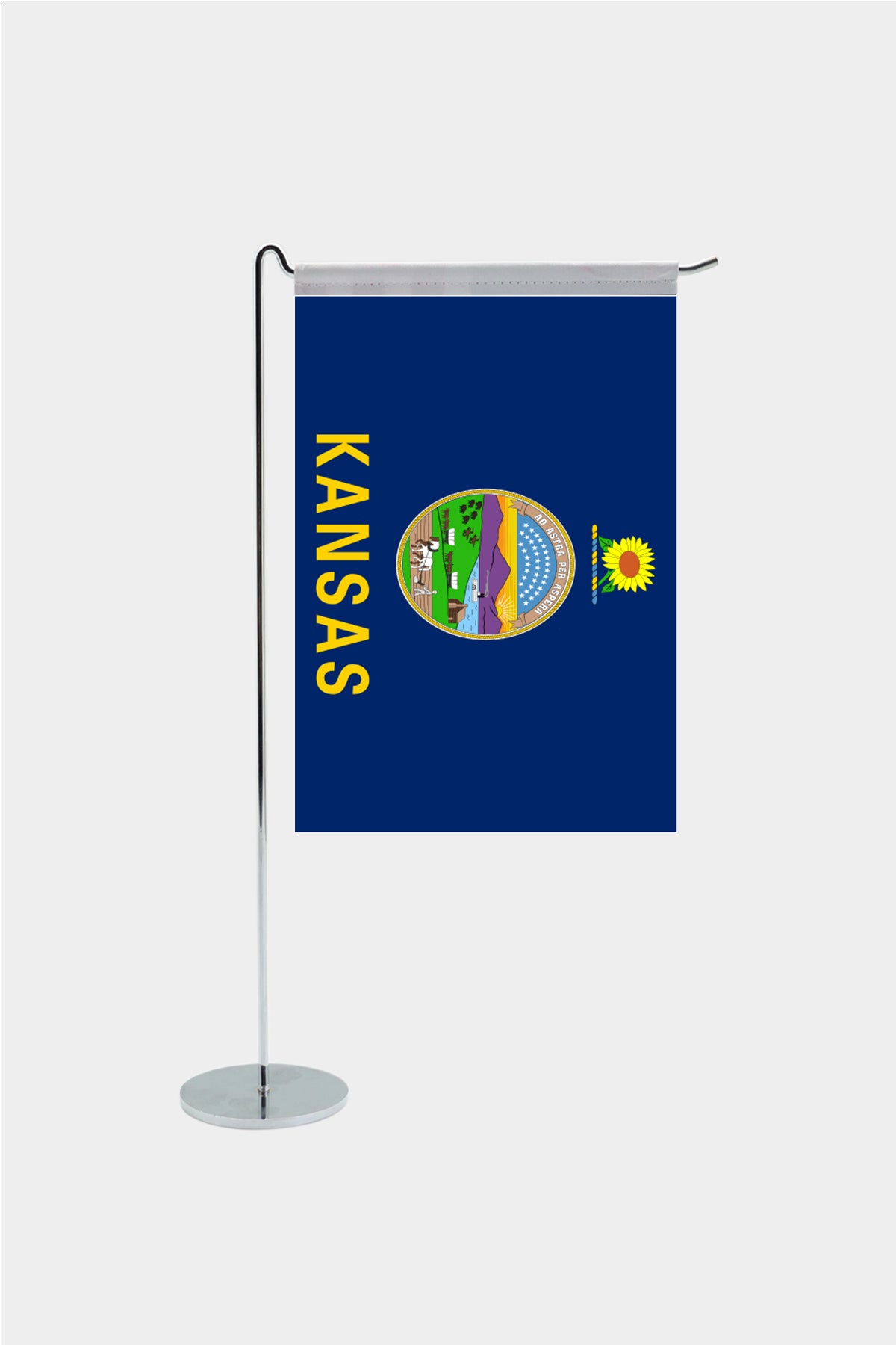Kansas state desk flag with chrome L-shaped stand - premium double-layer satin office flag