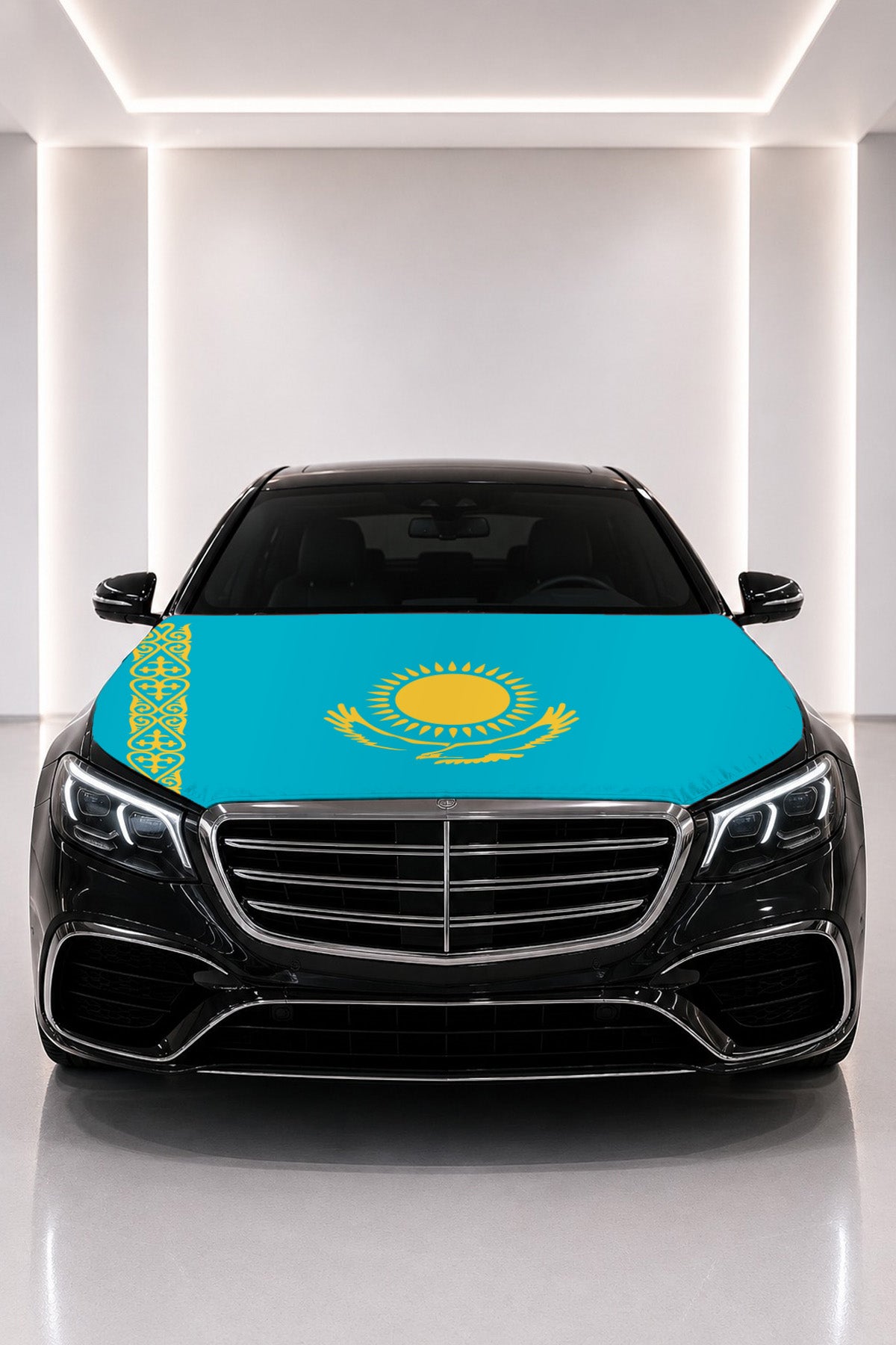 Kazakhstan flag car hood cover fitted on a black car bonnet