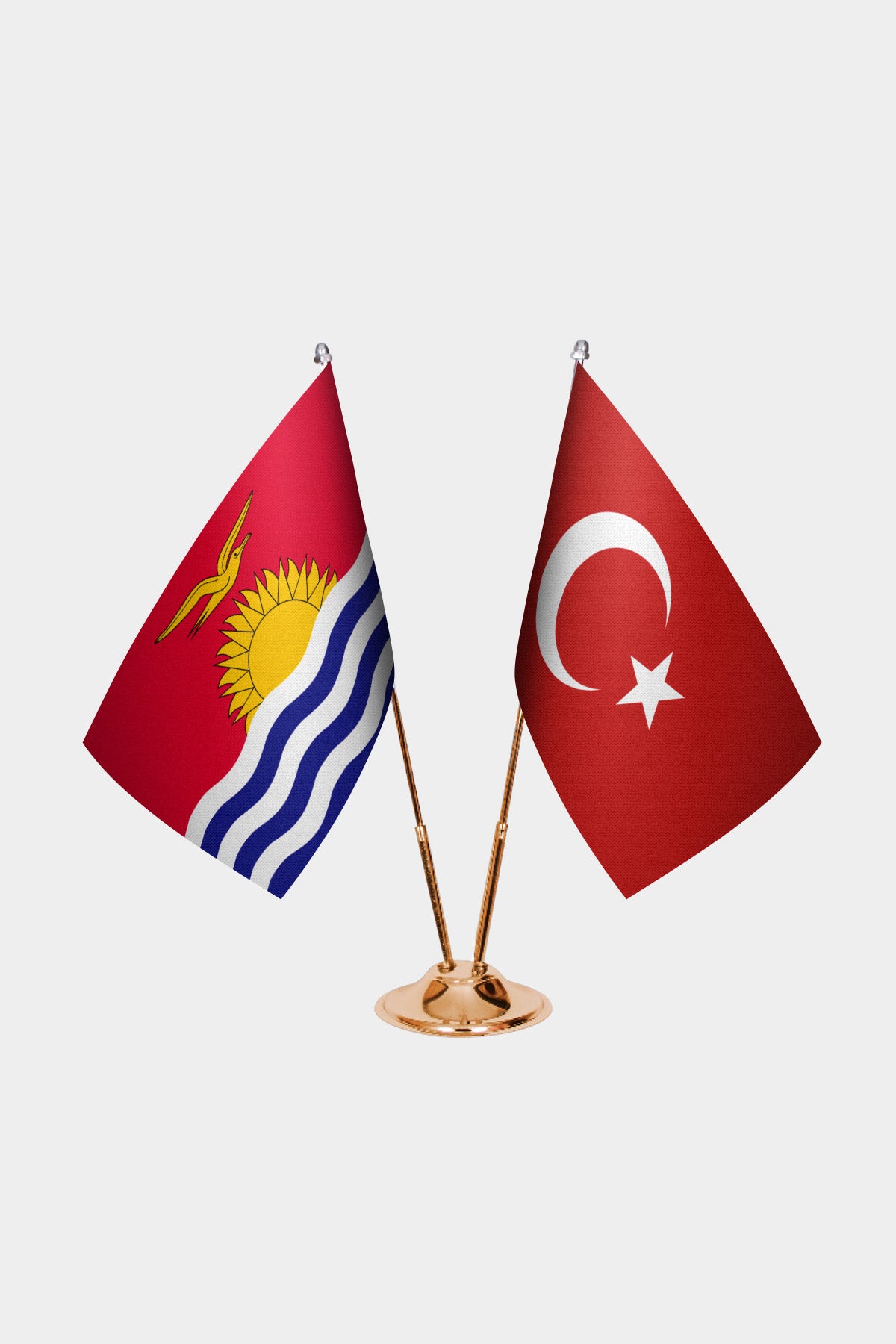 Kiribati and Turkey desk flag set with gold pole and base